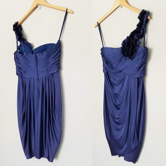 BCBGMaxAzria Addison One Shoulder Rosette Tulip Wrap Skirt Mini Dress M Ink $258 - Picture 5 of 16